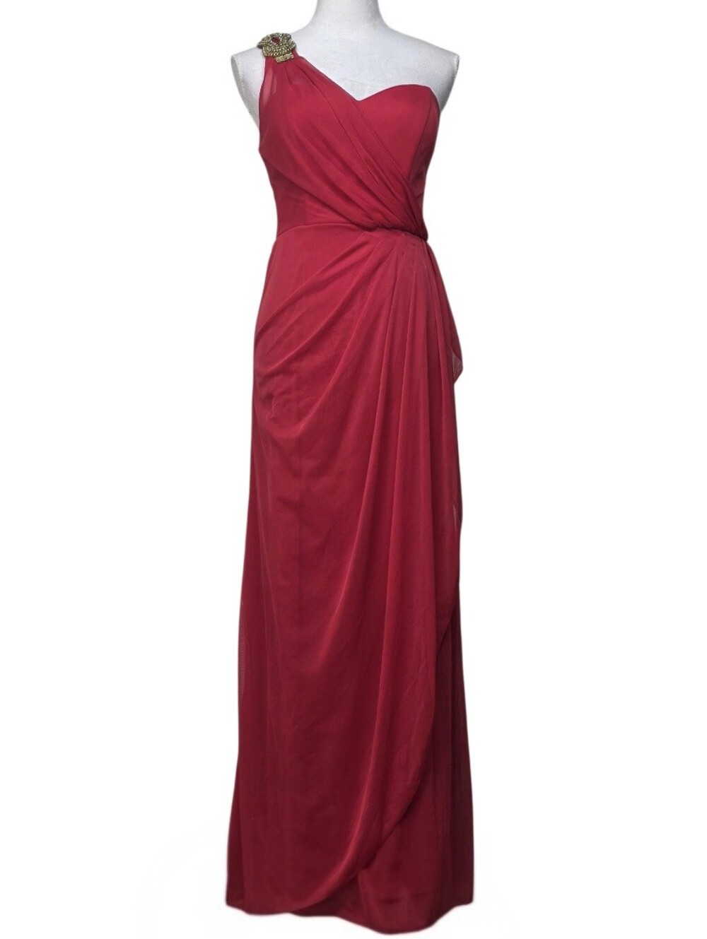 Xscape One-Shoulder Red Maxi Gown with Embellished Shoulder Size 8